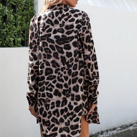 Multicolor Preppy Womens Leopard Print Button Front High Low Shirt & Shorts - Picture 2 of 5
